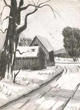 Winter barn in ink