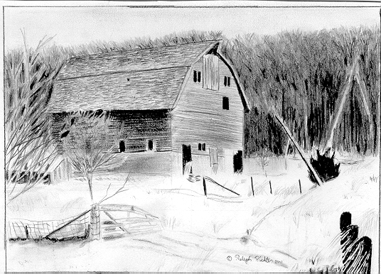 Country winter barn in pencil